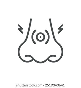 Nasal Congestion Icon. Thin Line Illustration of Nose with Pressure Symbol Representing Blockage. Medical Vector Sign for Sinus Pressure and Breathing Issues.