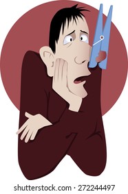 Nasal congestion. Man suffers from common cold or allergies with a giant clothespin on his nose, vector cartoon, no transparencies, EPS 8