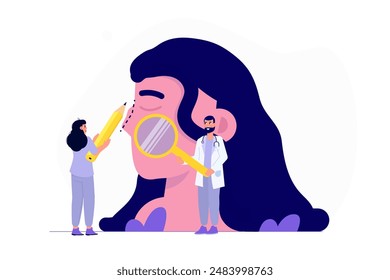 Nasal correction, otorhinolaryngology concept. Surgery septoplasty, rhinoplasty. Vector flat illustration.