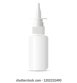 Nasal decongestant spray medical bottle. Plastic container mockup with medication drops. Vector illustration packaging, ilotated on white background.