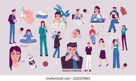 Nasal disease runny nose flat set of isolated icons doodle human characters showing patients got cold vector illustration