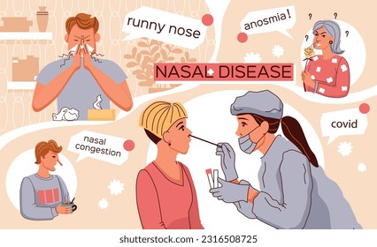 Nasal diseases flat collage demonstrating runny nose anosmia nasal congestion covid vector illustration