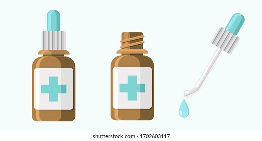 Gotas nasales con ilustración vectorial plana pipeta. Conjunto de tres ilustraciones.