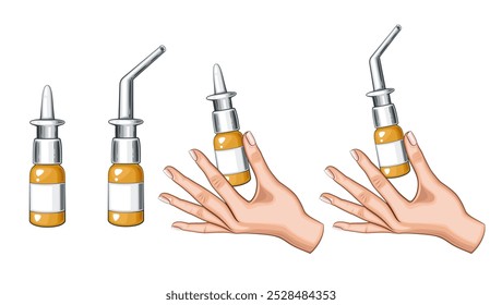 Nasal drops and throat spray vector illustration.  Hand holding nasal drops isolated on white. Medical Education Illustration