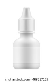 Nasal or eye spray for nose or eye health. Realistic white plastic container for fluid. Mockup bottle with medical drug for nose or eye . Pharmacy blank packing medication vector illustration