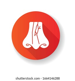 Nasal fracture red flat design long shadow glyph icon. Broken nose bone. Crack in nose cartilage. Facial injury, trauma. Accident. Medical condition. Healthcare. Silhouette RGB color illustration