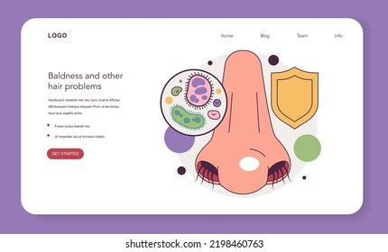 Nasal hair web banner or landing page. Hair in the human nostrils filtering foreign particles and bacteria from entering the nasal cavity. Flat vector illustration