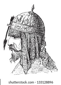 Nasal Helmet, showing Arrow-shaped Nose Protector, vintage engraved illustration. Dictionary of Words and Things - Larive and Fleury - 1895