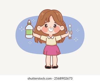 Nasal irrigation infographic with cute cartoon girl. cleaning your nose with saline to protect PM2.5. vector premium.