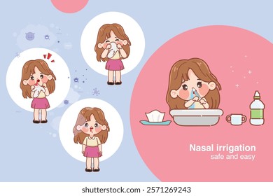 Nasal irrigation infographic. Nose cleansing, Syringe and saline for washes nose to protect PM2.5 vector illustration premium.