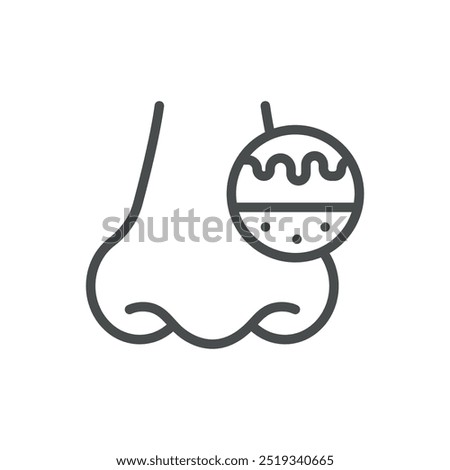 Nasal Mucosa Hypertrophy Icon. Thin Line Illustration of Nose with Enlarged Mucosa Representing Hypertrophy. Medical Vector Sign for Nasal Swelling and Respiratory Issues.