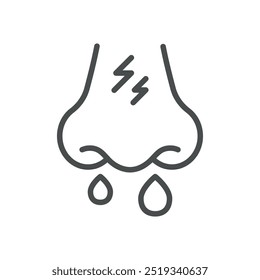 Nasal Pain Icon. Thin Line Illustration of Nose with Pain and Droplets Representing Discomfort and Irritation. Medical Vector Sign for Sinus Pain and Nasal Health Issues