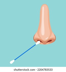 Nasal probe for fast analysis on check presence covid. Nose pcr swab test for control virus. Medical stick and nose.