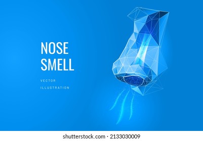 Nasal sense of smell in a futuristic polygonal style. The flow of air from the nose, the concept of the resumption of breathing and smell. Vector illustration