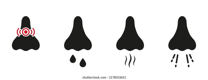 Nasal Sneeze Infection Black Silhouette Icon Set. Allergic Runny Nose Sick Virus Glyph Pictogram. Nasal Medical Respiratory Disease Flat Symbol. Nose Pain Illness Sign. Isolated Vector Illustration.