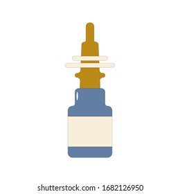 Nasal spray aerosol medication bottle, medicinal remedy for runny nose. Coronavirus COVID-19 treatment. Vector illustration isolated on white background. Pharmaceutical drugs. Medicine. 