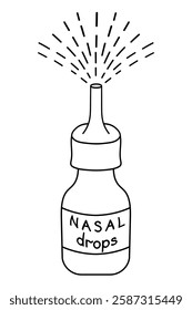 Nasal spray bottle. Drops sprayed upward. Sketch. Lettering on the label of nasal drops. Vector illustration. Outline on an isolated white background. Doodle style. Medicine for relieving congestion. 