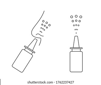 Nasal spray bottle with nose. Applicable for instruction for use. Line icon, symbol. Spray bottle with medicament or water inside. Drug sprinkle illustration. Vector illustration