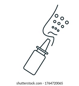 Nasal spray bottle with nose. Applicable for instruction for use. Line icon, symbol. Spray bottle with medicament or water inside. Drug sprinkle illustration. Vector illustration