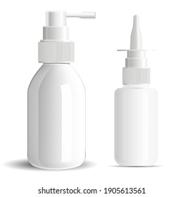 Nasal spray bottle, nose or throat medicine aerosol blank. Isolated vector container with dropper for nozzle drug product. Realistic oral dosedispenser mock up against flu, pharmaceutical medication