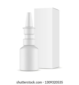 Nasal spray bottle with paper box mockup isolated on white background. Vector illustartion