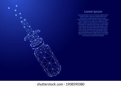 Nasal spray bottle for the treatment of runny nose, pharmacy medicine from futuristic polygonal blue lines and glowing stars for banner, poster, greeting card. Vector illustration.