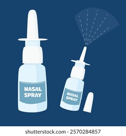 Nasal spray bottle vector illustration in cartoon style. Pump nasal spray to clean nose. Nose hygiene medical product. Flat vector in cartoon style isolated on white background.