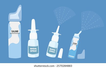 Nasal spray bottle vector illustration in cartoon style. Pump nasal spray to clean nose. Nose hygiene medical product. Flat vector in cartoon style isolated on white background.