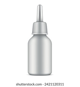 Nasal spray bottle white plastic package with cap nozzle mockup realistic vector illustration. Healthcare medication pharmacy pump container spraying can for allergy ill sick healing cure treatment