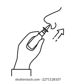 Nasal spray icon, syringe tube, nasal allergies relief, allergic rhinitis, thin line symbol on white background, editable stroke vector illustration.