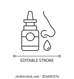 Nasal Spray Linear Icon. Relieve Nasal Discomfort. Cold Relief. Treat Sinus Congestion. Thin Line Customizable Illustration. Contour Symbol. Vector Isolated Outline Drawing. Editable Stroke