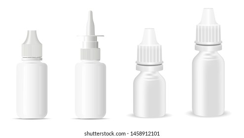 Nasal Spray. Nose Decongestant Bottle. Flu Remedy. Plastic Medical Container Template. 3d Vector Nozzle Tube for Farmacy and Medicine. Eye Drop Liquid Medication Mockup