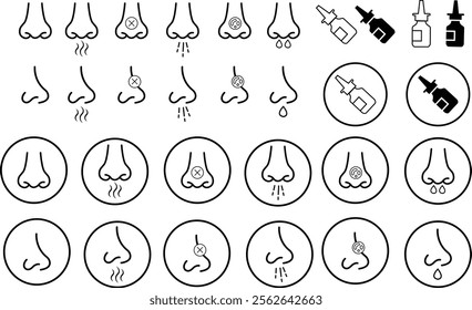 Nasal spray and nose icon set. Human nose with nostrils in profile. Runny nose stuffy smelling organ vector collection flat line medical symbol isolated on transparent background Health care in winter