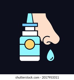 Nasal spray RGB color icon for dark theme. Relieve nasal discomfort. Cold relief. Treat sinus congestion. Isolated vector illustration on night mode background. Simple filled line drawing on black
