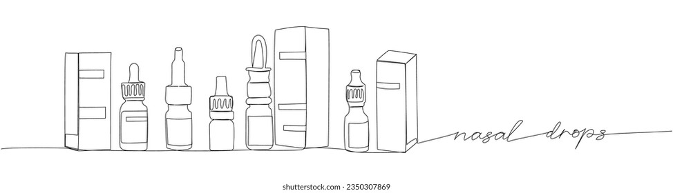 Nasal spray set. Drops in a bottle with a pipette one line art. Continuous line drawing of infection, therapy, medicament, allergic, rhinitis, spray, allergy with inscription, lettering, handwritten.