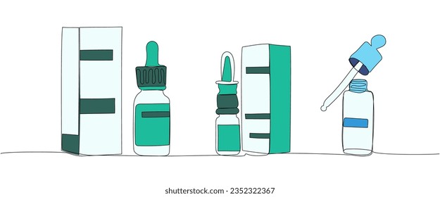 Nasal spray set. Drops in a bottle with a pipette one line color art. Continuous line drawing of treatment, medication, pharmaceutical, infection, medicament, allergic, rhinitis, spray, allergy, sinus