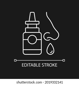 Nasal spray white linear icon for dark theme. Relieve nasal discomfort. Treat sinus congestion. Thin line customizable illustration. Isolated vector contour symbol for night mode. Editable stroke