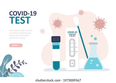 Nasal swab or blood test. Prevention of spread of coronavirus. Tubes with saliva and rapid test of covid-19. Medical tools. Healthcare concept. Landing page template. Trendy flat vector illustration