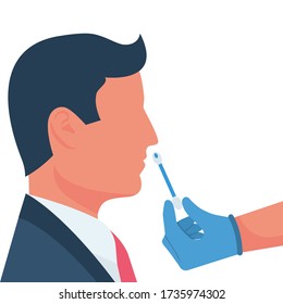 Nasal swab laboratory test. Study of patients. Diagnosis of coronavirus COVID-19. Doctor in medical gloves takes an analysis from a person’s nose. Hospital lab. Person express test. Vector flat.