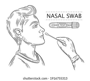 Nasal swab probe line icon. Medical coronavirus testing. Doctor makes DNA or PCR test virus Covid-19 to patient. Laboratory analysis. Tube with lab sample. Research viral infection. Hand drawn vector