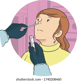 Nasal swab test on female patient in front view to check analyze specimen sample of illness disease infection