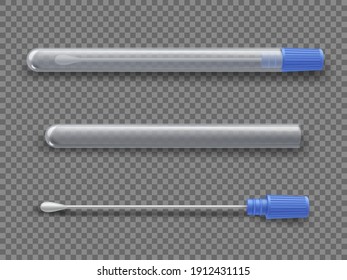 Herramienta de prueba de frotis nasal para conjunto realista de coronavirus. Tubo de ensayo abierto, cerrado con bastón de algodón. Kit de laboratorio de diagnóstico. Investigación médica para virus. Colección de vectores aislada en un fondo transparente.