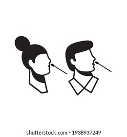 The nasal tampon icon. Vector contour illustration of a viral exam. The head of a man and a woman and the pictorgam virus test