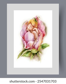 Nascent life inside flower with cute sleeping baby on wall art. Watercolor artwork. Poster with wildflower bud for concept of emerging life and reproductive process, in frame with decor for print