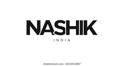 Nashik en el emblema de la India para la prensa y la web. El diseño presenta estilo geométrico, ilustración vectorial con tipografía audaz en fuente moderna. Letras gráficas de eslóganes aisladas en fondo blanco.