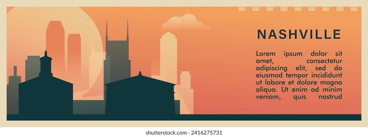 Banner vectorial del brutalismo de la ciudad de Nashville con horizonte, paisaje urbano. Ilustración horizontal retro del estado de Tennessee en Estados Unidos. Diseño de viaje de los Estados Unidos de América para presentación web, encabezado, pie de página