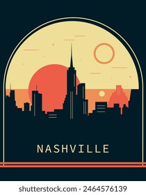 Nashville city retro style poster with skyline, cityscape. USA Tennessee state vintage vector illustration. US front cover, brochure, flyer, leaflet template, layout image