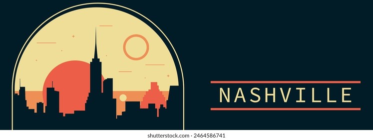 Anuncio de Vector de estilo retro de la ciudad de Nashville con horizonte, paisaje urbano. Ilustración Horizontal vintage del estado de Tennessee. Diseño de viajes de los Estados Unidos de América para presentación de Web, encabezado, pie de página