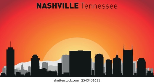 Nashville city skyline with silhouettes of buildings against the backdrop of a large yellow sun and orange sky. Vector on the background of sunset