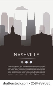 Nashville city template for website, presentation, front page, invitation, publication sheet with skyline, landmarks. Vector Tennessee state, USA image layout, simple and grayscale